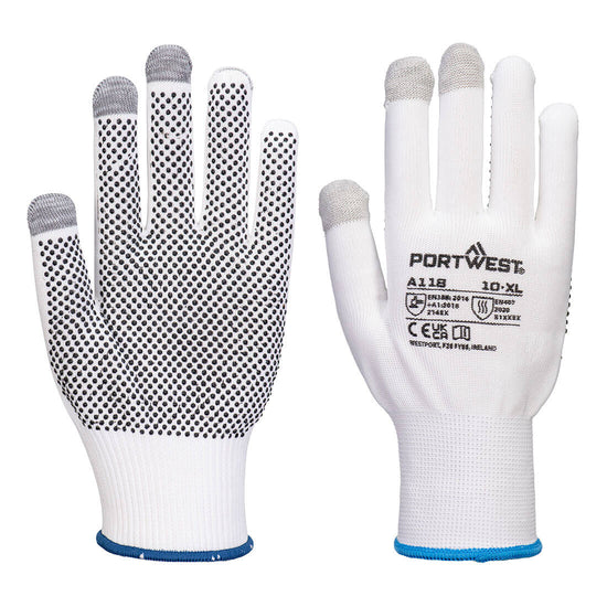 Luva para ecrãs tácteis com pontos em PVC Grip 13 (Pk12)-Branco/Cinza-XS-RAG-Tailors-Fardas-e-Uniformes-Vestuario-Pro