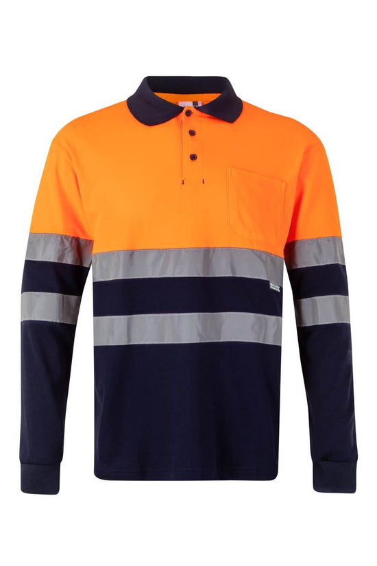 Polo Algodao Bicolor Manga Comprida Alta Visibilidade-Laranja Fluor/Azul Marinho-S-RAG-Tailors-Fardas-e-Uniformes-Vestuario-Pro