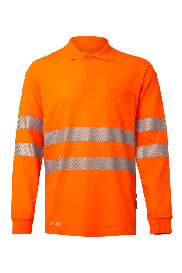 Polo de Alta Visibilidade em Algodão de Manga Comprida com Faixas Segmentadas-Laranja Fluorescente - 19-S-RAG-Tailors-Fardas-e-Uniformes-Vestuario-Pro