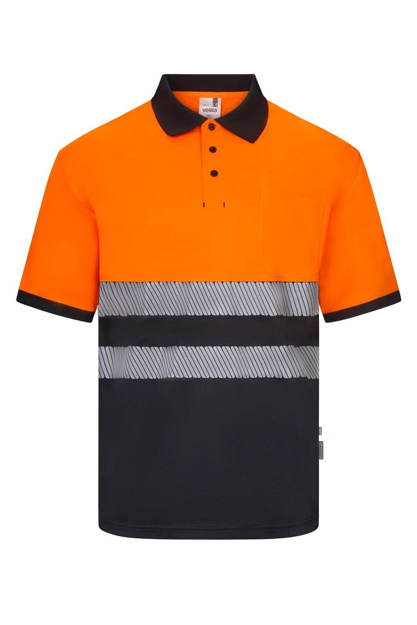 Polo de Alta Visibilidade em Poliéster Reciclado Bicolor de Manga Curta com Faixas Refletoras Segmentadas-Preto/laranja Fluorescente - 00/19-XS-RAG-Tailors-Fardas-e-Uniformes-Vestuario-Pro