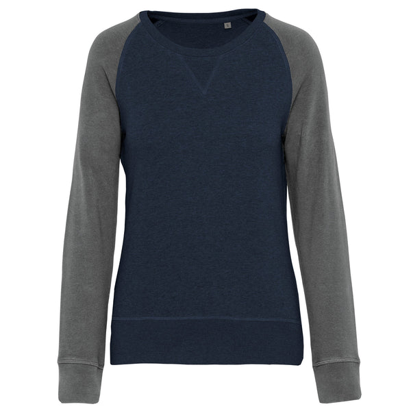 Sweatshirt BIO bicolor de senhora com decote redondo e mangas raglan-French Navy Heather / Grey Heather-XS-RAG-Tailors-Fardas-e-Uniformes-Vestuario-Pro