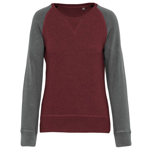 Sweatshirt BIO bicolor de senhora com decote redondo e mangas raglan-Wine Heather / Grey Heather-XS-RAG-Tailors-Fardas-e-Uniformes-Vestuario-Pro