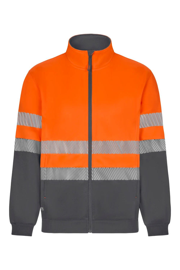 Sweatshirt de Alta Visibilidade Reciclada Bicolor com Fecho Central e Faixas Segmentadas-Cinza/laranja Fluorescente - 08/19-XS-RAG-Tailors-Fardas-e-Uniformes-Vestuario-Pro