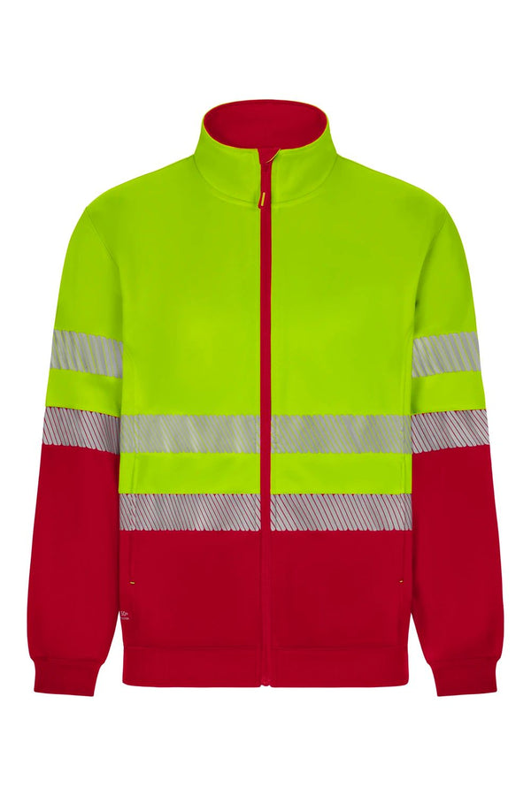 Sweatshirt de Alta Visibilidade Reciclada Bicolor com Fecho Central e Faixas Segmentadas-Vermelho/amarelo Fluorescente - 12/20-XS-RAG-Tailors-Fardas-e-Uniformes-Vestuario-Pro