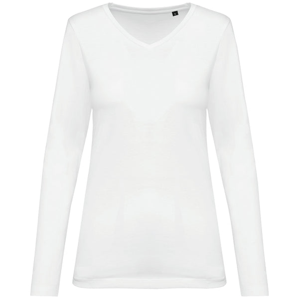 T-shirt Supima® decote V de manga comprida de senhora-White-XS-RAG-Tailors-Fardas-e-Uniformes-Vestuario-Pro