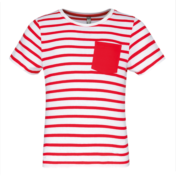 T-shirt às Riscas de Criança Estilo Marinheiro de Manga Curta com Bolso-Branco / Riscas Vermelhas-4/6 Anos-RAG-Tailors-Fardas-e-Uniformes-Vestuario-Pro