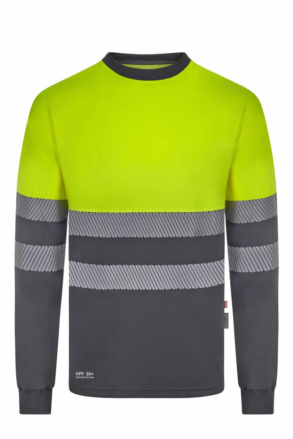 T-shirt de algodão bicolor manga comprida faixas segmentadas-Cinza/amarelo Fluorescente - 08/20-S-RAG-Tailors-Fardas-e-Uniformes-Vestuario-Pro