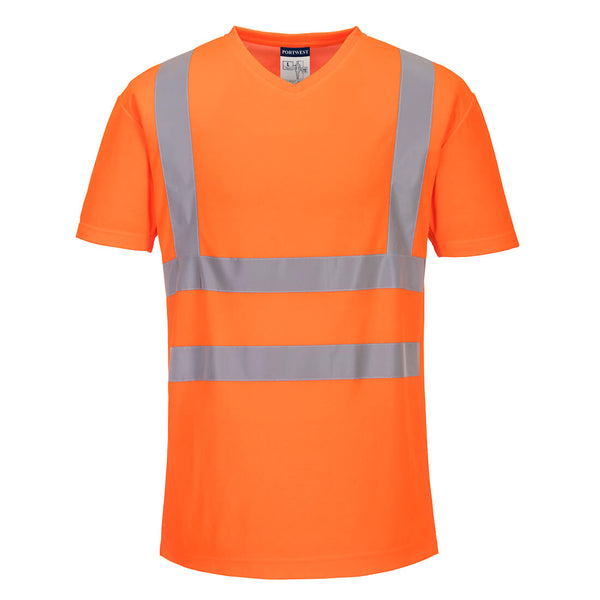 T-shirt de inserções de malha com decote em V-Laranja-S-RAG-Tailors-Fardas-e-Uniformes-Vestuario-Pro