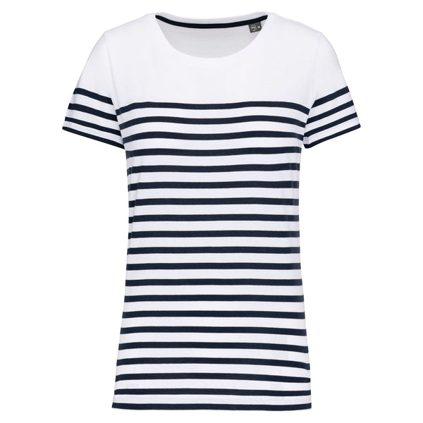 T-shirt estilo marinheiro Bio com decote redondo para senhora-White / Navy Stripes-XS-RAG-Tailors-Fardas-e-Uniformes-Vestuario-Pro