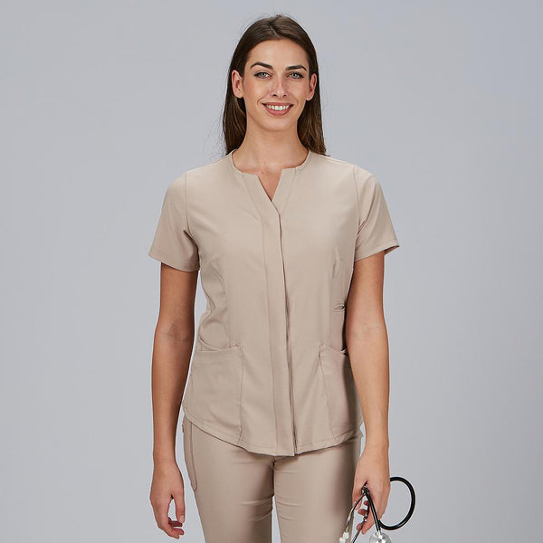 Túnica Dulcinea de Senhora Aberta com Decote em V e Manga Curta-Beige-XS-RAG-Tailors-Fardas-e-Uniformes-Vestuario-Pro