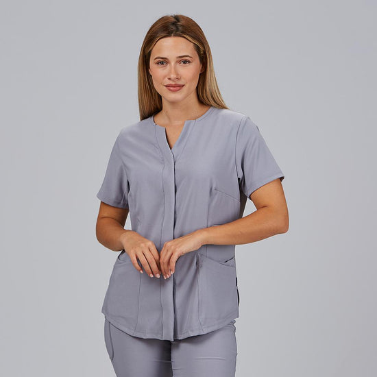Túnica Dulcinea de Senhora Aberta com Decote em V e Manga Curta-Cinza Pérola-XS-RAG-Tailors-Fardas-e-Uniformes-Vestuario-Pro