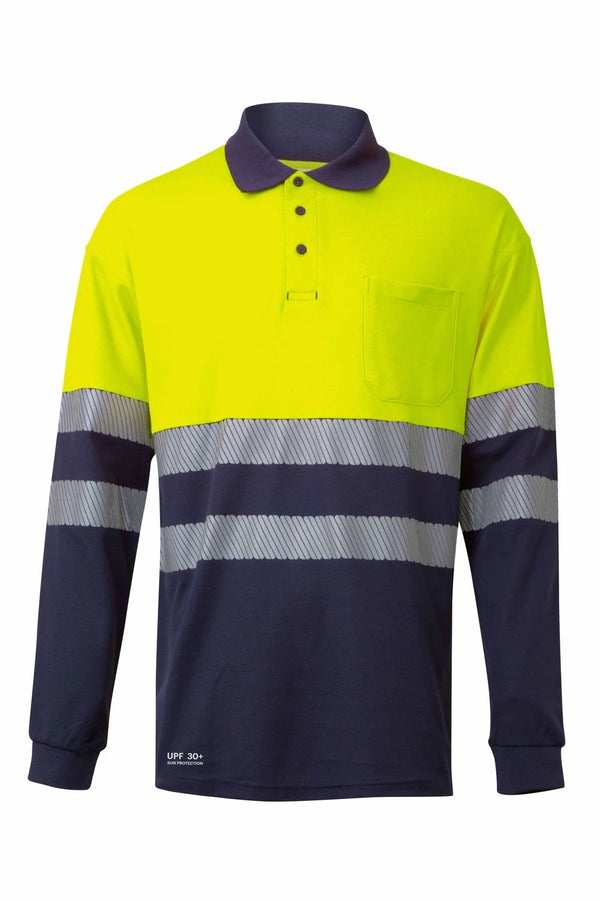 Polo de Algodão Bicolor Manga Comprida de Alta Visibilidade com Faixas Segmentadas-Azul Navy/amarelo Fluorescente - 61/20-S-RAG-Tailors-Fardas-e-Uniformes-Vestuario-Pro