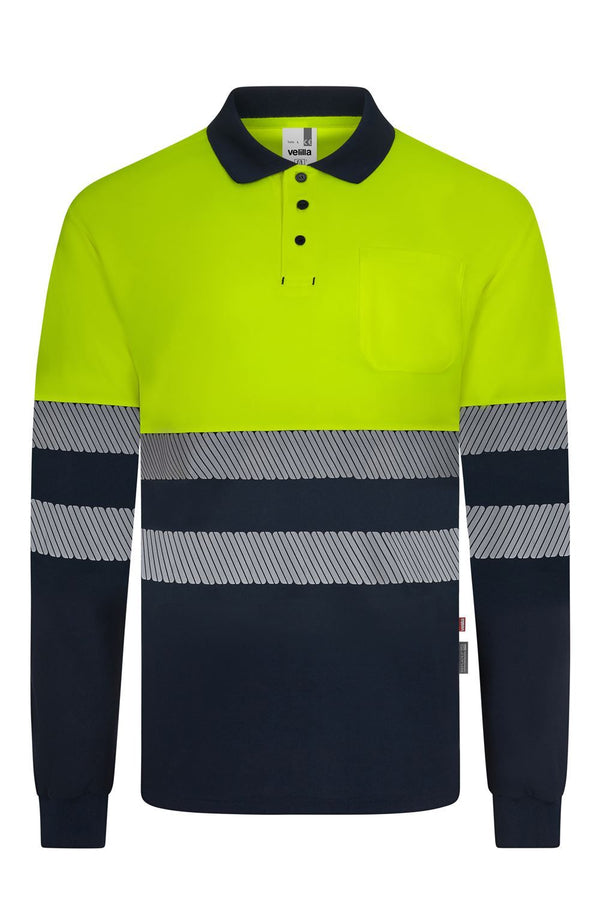 Polo de Trabalho em Poliéster Reciclado Bicolor de Manga Comprida com Fitas Refletoras Segmentadas-Azul Navy/amarelo Fluorescente - 61/20-XS-RAG-Tailors-Fardas-e-Uniformes-Vestuario-Pro