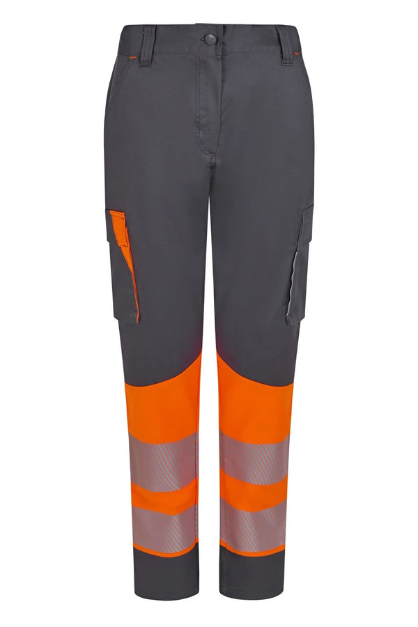 Calças Stretch recicladas bicolor com faixas segmentadas para mulher-Cinza/laranja Fluorescente - 08/19-XS-RAG-Tailors-Fardas-e-Uniformes-Vestuario-Pro