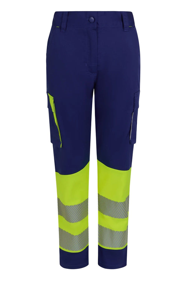 Calças Stretch recicladas bicolor com faixas segmentadas para mulher-Azul Royal/amarelo Fluorescente - 09/20-XS-RAG-Tailors-Fardas-e-Uniformes-Vestuario-Pro