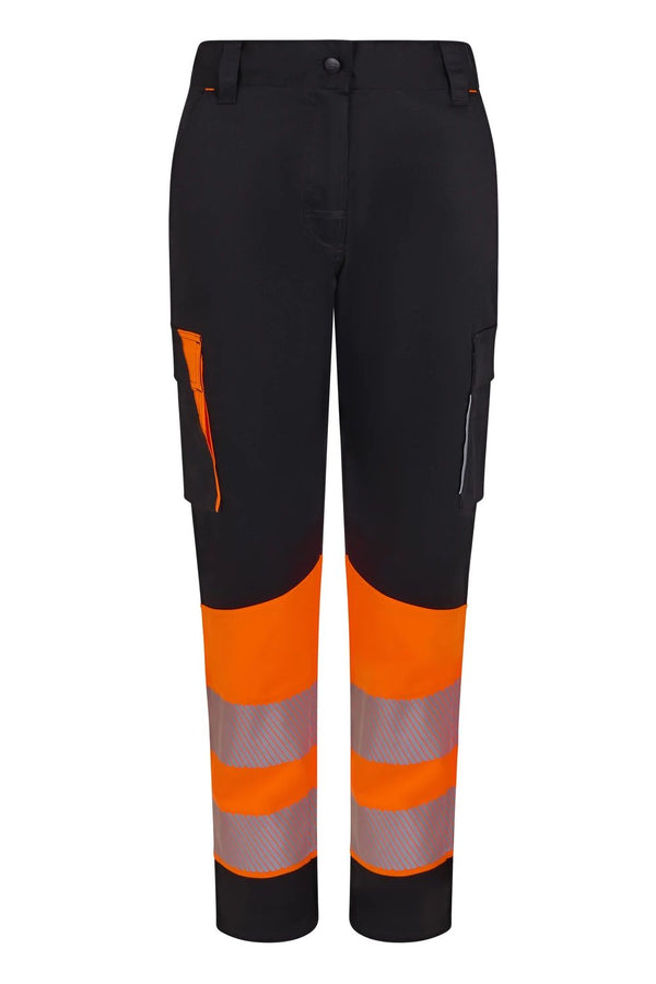 Calças Stretch recicladas bicolor com faixas segmentadas para mulher-Preto/laranja Fluorescente - 00/19-XS-RAG-Tailors-Fardas-e-Uniformes-Vestuario-Pro